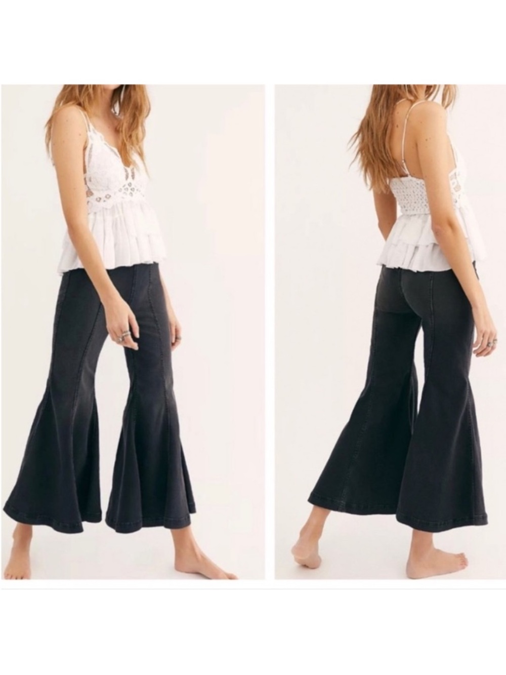 Free People Black Flare Boho Festival Cha Cha Flare Cropped Jeans.